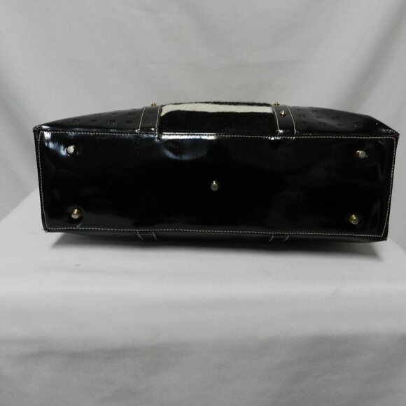ARCADIA Patent Leather w/ Giraffe pony hair fur Large tote bag purse Italy studs - Picture 10 of 13